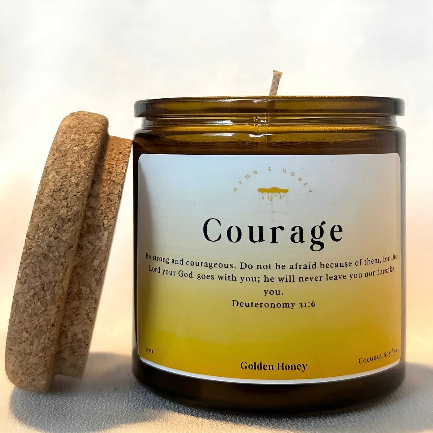Hand-poured Christian Courage candle with Scripture, perfect for prayer and meditation.
