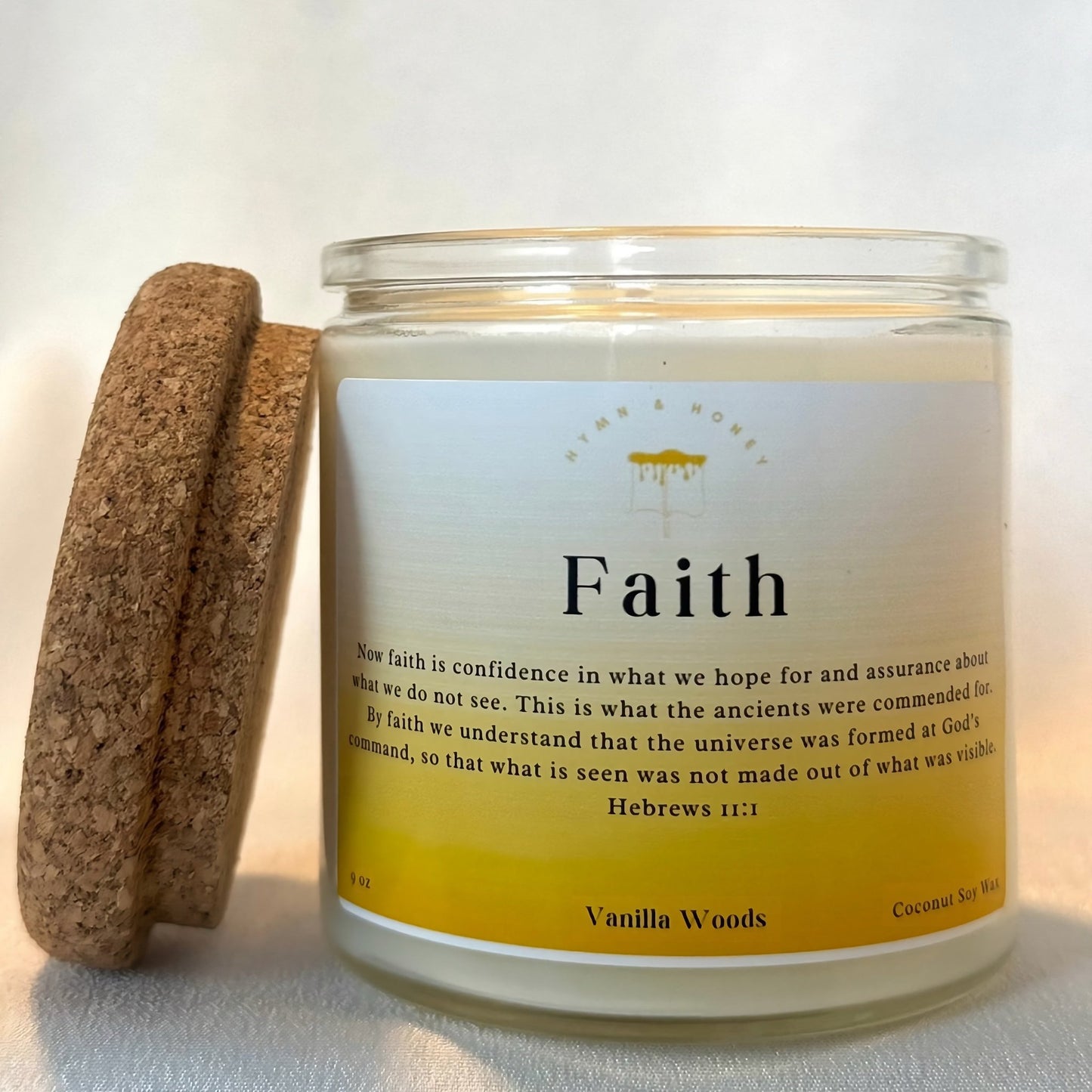 Handcrafted Faith candle with Scripture, creating a calming atmosphere for prayer.