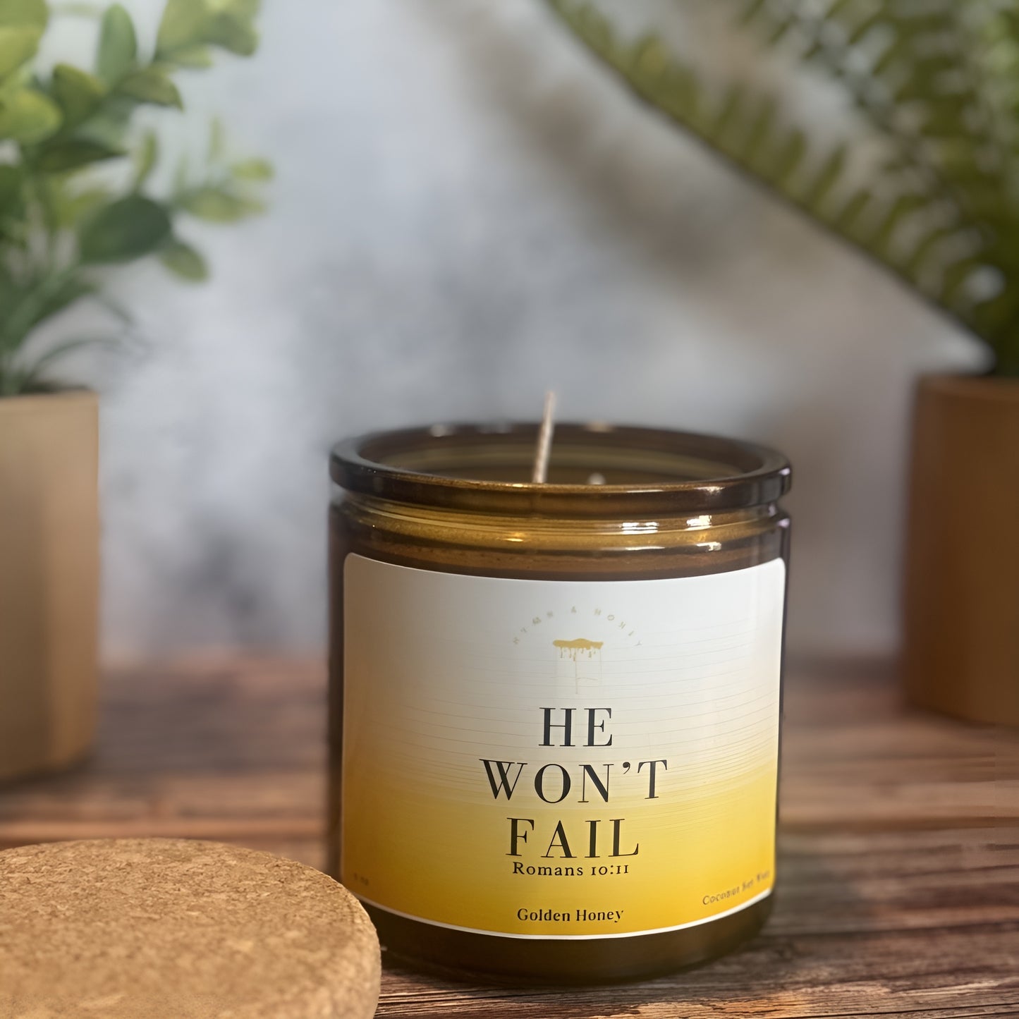 He Won’t Fail devotional candle, bringing comfort and assurance in God’s faithfulness.