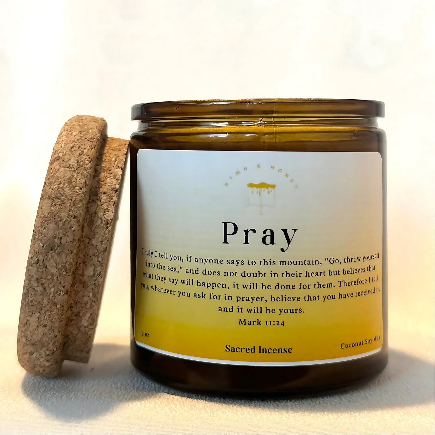 Hand-poured Christian Pray candle, ideal for creating a peaceful prayer atmosphere.