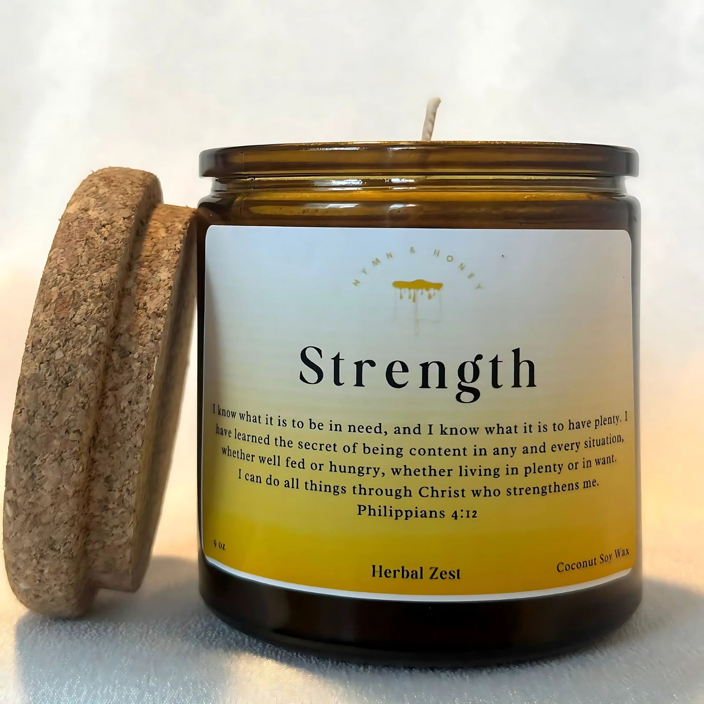 Handcrafted Strength Christian candle, perfect for moments of reflection and faith.
