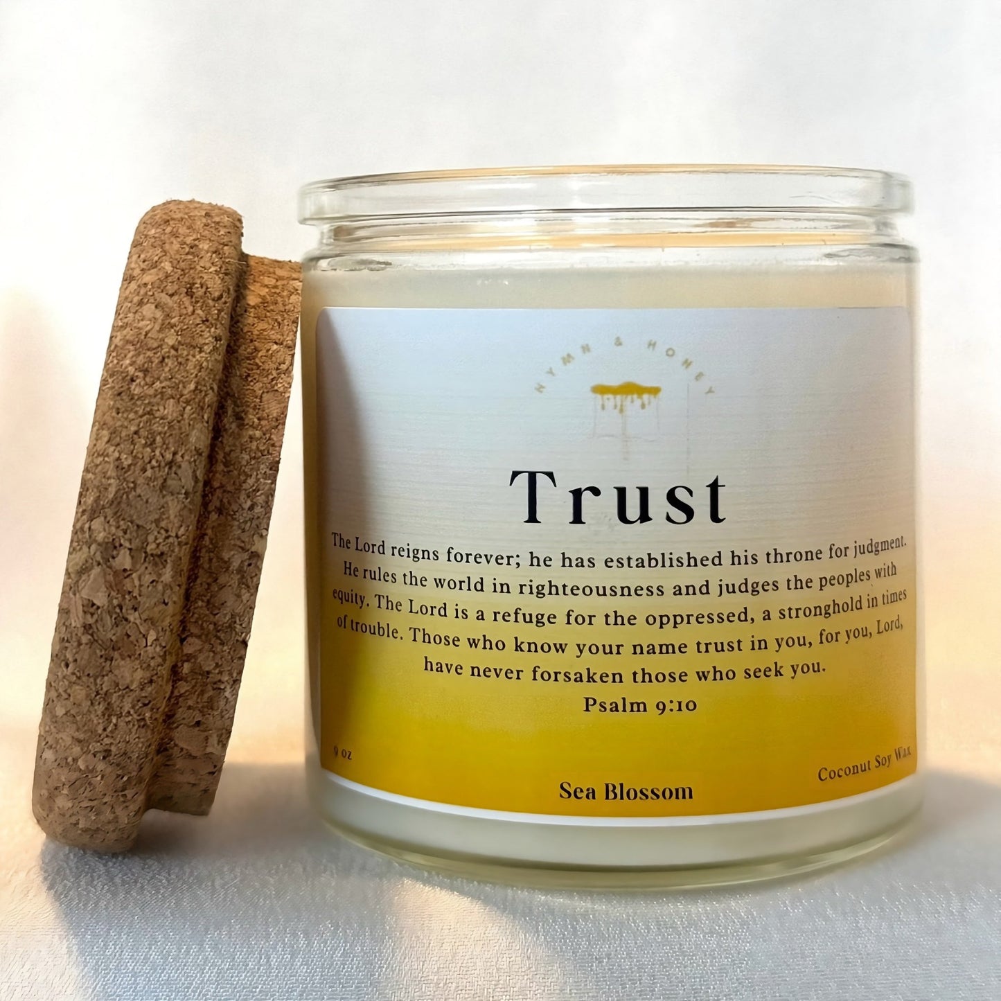 Hand-poured Trust Christian candle, designed for prayer, worship, and reflection.